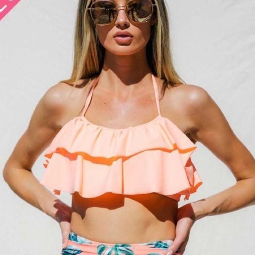 Coral Ruffle Halter padded Swim Top
